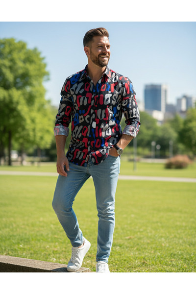 YusGos Long Sleeve Cotton Easy Iron Letter Pattern Regular Fit Premium Men's Shirt Red 2XL