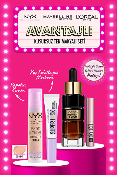 NYX Professional Makeup Bare With Me 02 Light Kapatıcı & Super Lock Kaş Sabitleyici Maskara & Sky High Mini Maskara