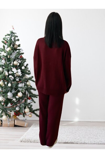 YusGos Women's Long Sleeve New Year Embroidered Crew Neck Knitwear Sweater Pants Set Burgundy Standard