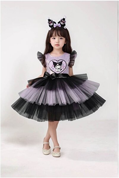 EXTRAÇARŞI Kuromi Taç Aksesuarlı Baskılı Kız Elbise 3/4 Yaş