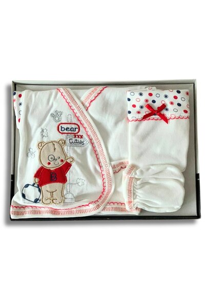 YusGos Organic 5 Piece Bear Teddy Bear Embroidered Newborn Hospital Discharge Set Red 0-6 Months