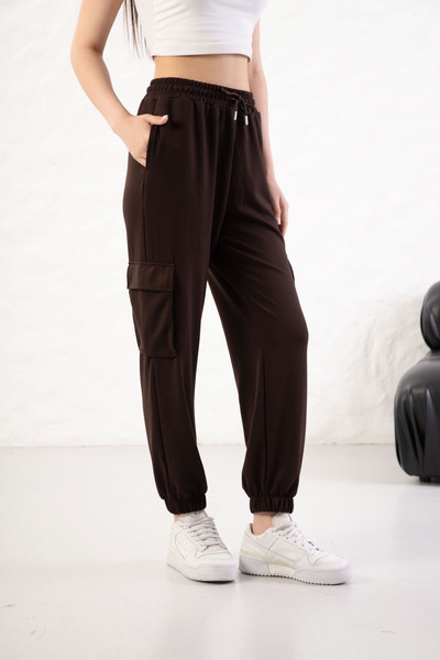 YusGos Women's Soft Textured Modal Fabric Pocket Detailed Elastic Leg Cargo Pants Brown S