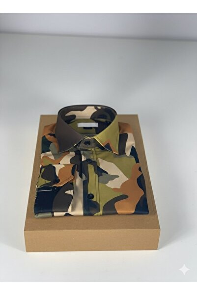 YusGos Long Sleeve Cotton Easy Iron Camouflage Pattern Regular Fit Premium Men's Shirt Green 3XL