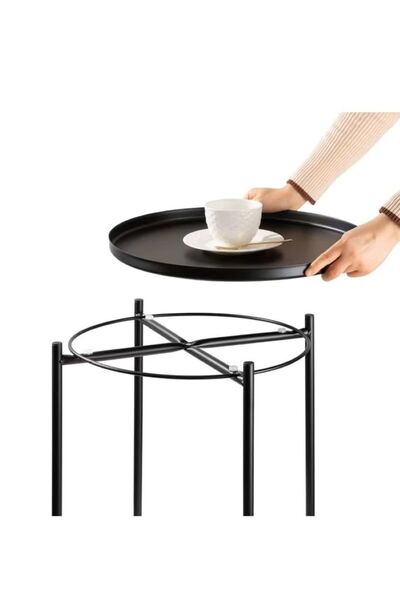 Essentials 360 Round Metal Coffee Table with Detachable Tray Top, Black, 45x53cm