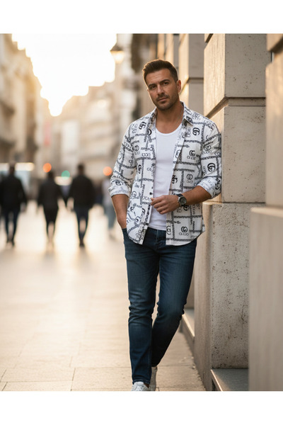 YusGos Long Sleeve Cotton Easy-Iron Letter Printed Regular Fit Stretch Fabric Premium Men's Shirt White 2XL