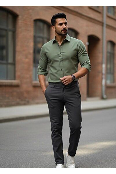 YusGos Long Sleeve Cotton Easy Iron Modal Soft Fabric Regular Fit Men's Shirt Khaki XL