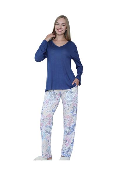 LİMİSSİ طقم بيجامة منقوشة من الفسكوز باللون الأزرق الداكن 100% قطن باللون الأ...