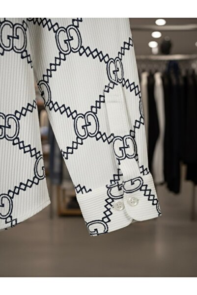 YusGos Long Sleeve Cotton Stretch Fabric Corded Fabric Chain Pattern Regular Fit Premium Winter Men's Shirt White XL