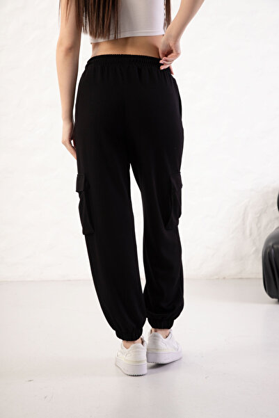 YusGos Women's Soft Textured Modal Fabric Pocket Detailed Elastic Leg Cargo Pants Black