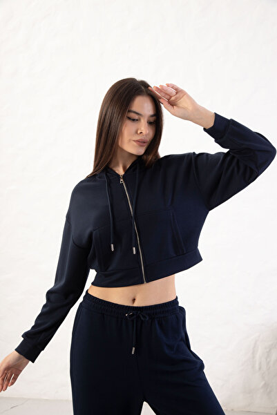 YusGos Women's Long Sleeve Zippered Modal Fabric Pocketed Hooded Crop Navy Blue S