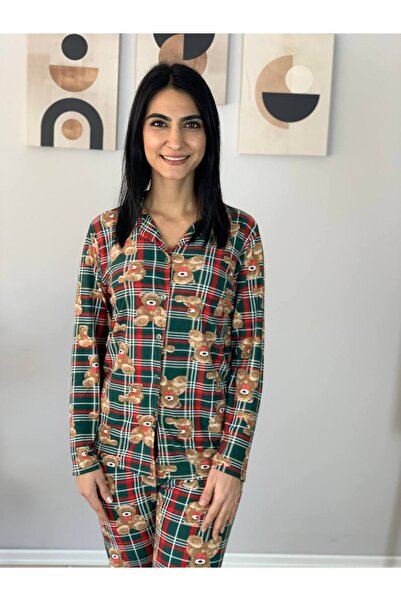 YusGos Women's Teddy Bear Patterned Suede Buttoned Pajama Set Green 2XL