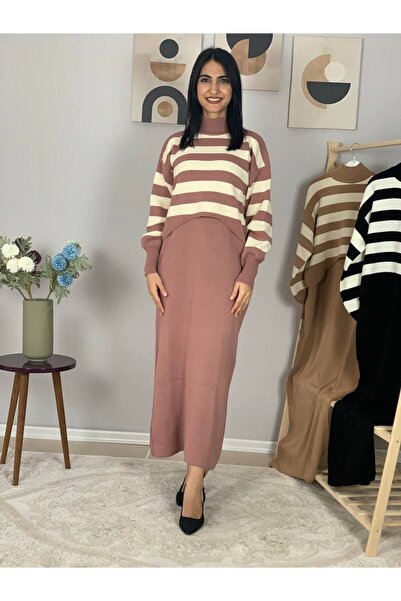 YusGos Women's Striped Plus Size Sweater Dress Powder Standard