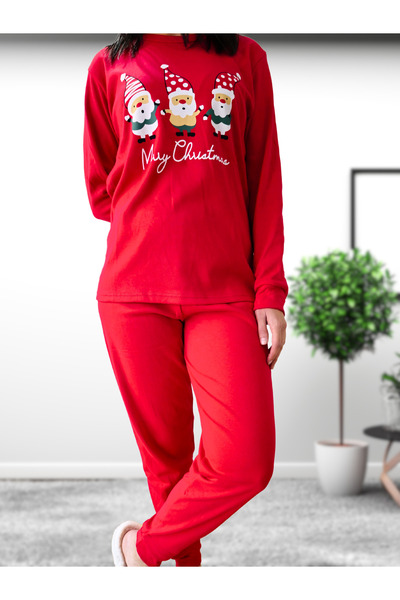 YusGos Santa Claus Printed Cotton Women's New Year Family Pajamas Set Red 2XL