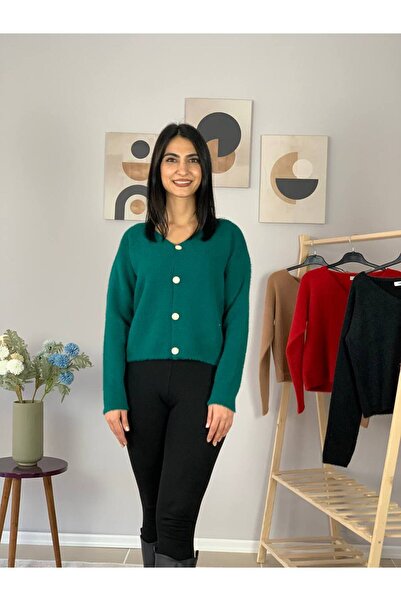 YusGos Women's Bearded Knitwear Crop Cardigan Green Standard