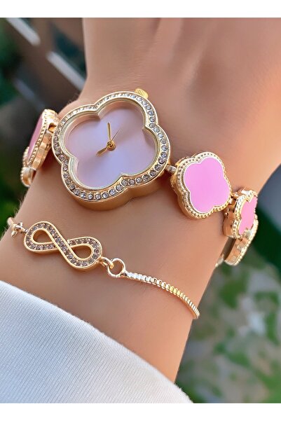 Merand Altın Kaplama Yonca Tasarım Kadın Kol Saati – Taş Detaylı Şık Bileklik...