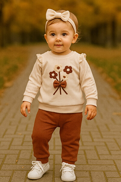 YusGos Floral Flared Sleeve Monthly Baby Girl Set Brown 6-9 Months