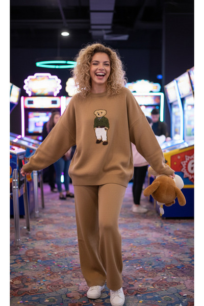 YusGos Women's Long Sleeve Teddy Bear Crew Neck Knitwear Sweater Pants Set Tan Standard