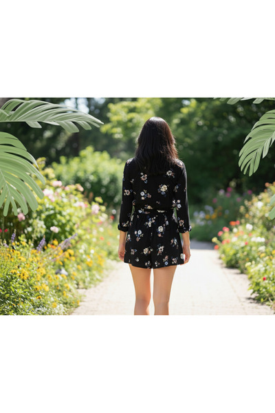 YusGos Women's Flounce Belted Mini Shorts Patterned Stretch Fabric Viscose Dress Black XS