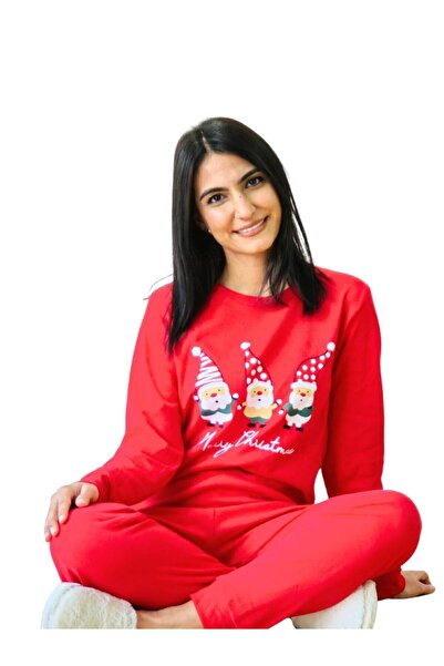 YusGos Santa Claus Printed Cotton Women's New Year Family Pajamas Set Red L