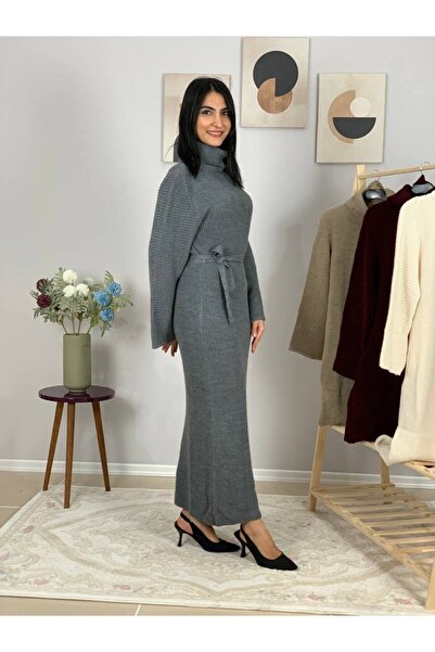 YusGos Long Sleeve Turtleneck Belt Detailed Knitwear Relaxed Fit Midi Dress Gray Standard