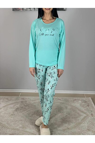 YusGos Women's Cotton Viscon Floral Patterned Pajama Set (Green) Green XL