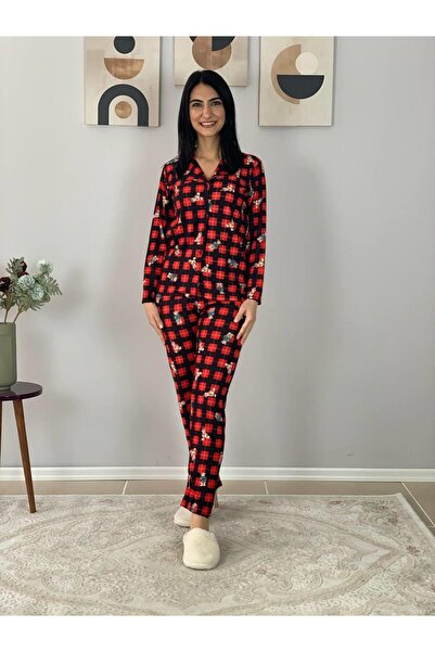 YusGos Women's Teddy Bear Patterned Suede Buttoned Plaid Pajama Set Red L