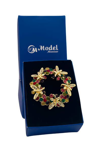 model aksesuar Yuvarlak Kelebek Ve Renkli Taş Detayli Broş