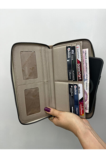 shiny ever Δερμάτινη γυναικεία τσάντα πορτοφόλι μεγάλου μεγέθους με θήκη τηλεφώνου, κρεμ χρώματος με χρυσή λεπτομέρεια