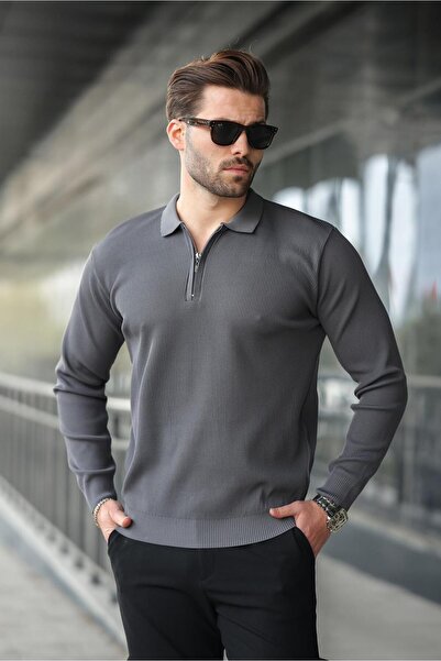 Madmext Anthracite Polo Collar Zippered Long Sleeve Men's Sweater 7240