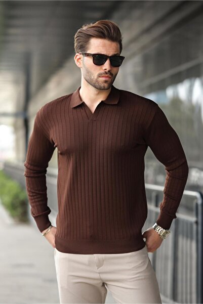 Madmext Polo Neck Striped Long Sleeve Brown Sweater - 7239