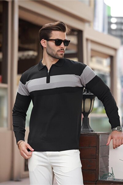 Madmext Siyah Fermuarlı Polo Yaka Çizgili Uzun Kollu Kazak E7288