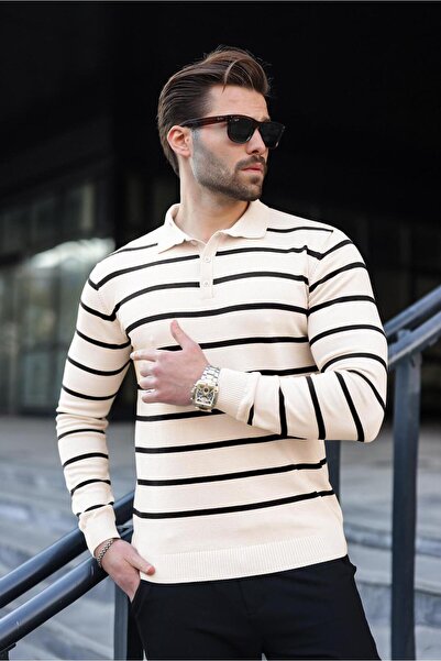 Madmext Μακρυμάνικο πουλόβερ με ριγέ πόλο με μπεζ κουμπιά 7263