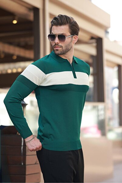 Madmext Πράσινο μακρυμάνικο πουλόβερ με ριγέ γιακά πόλο με φερμουάρ E7288