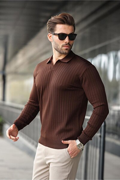 Madmext Polo Neck Striped Long Sleeve Brown Sweater - 7239