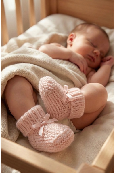 Bursa Trikomer Knitwear Foot Warmer Elegant Ribbon Knitted Baby Booties