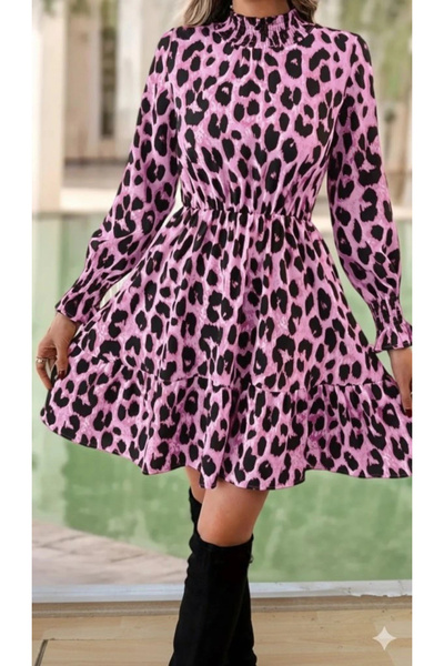 ARONA Rochie mini modală cu mânecă lungă, cu jumătate de gât, cu imprimeu leopard