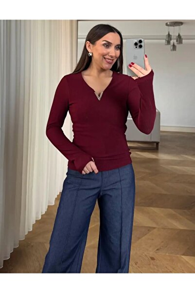 Butik Kadın Ottoman Kumaş V Aksesuarlı Parmak Geçmeli Bluz