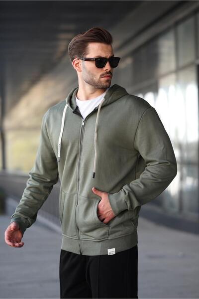 Madmext Φούτερ με κουκούλα χακί πράσινο με φερμουάρ 6161