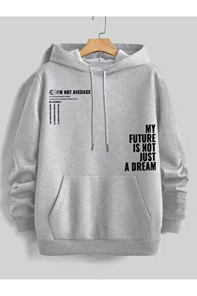 MODA TRENDGREY>Gri baskılı üniseks kanguru sweathişirt