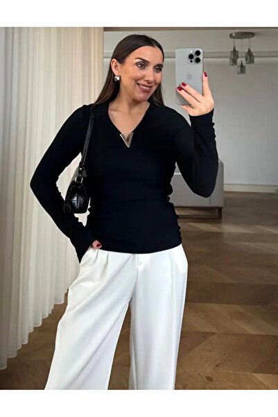 Butik Kadın Ottoman Kumaş V Aksesuarlı Parmak Geçmeli Bluz