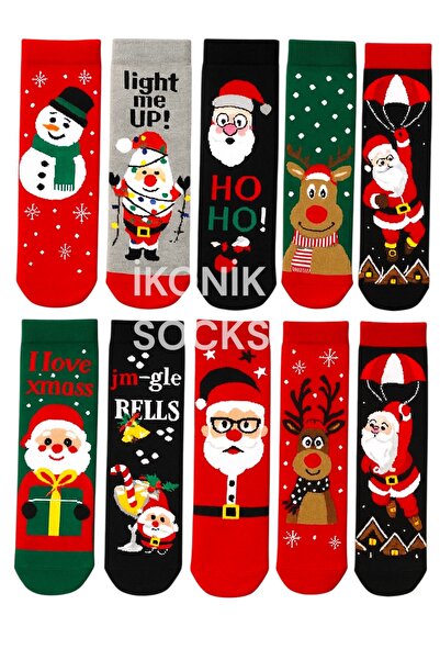 İkonik Socks 3 Çift Yılbaşı Temalı Karışık Renkli Çorap