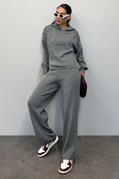 Madmext Gray Hooded Knitwear Women's Tracksuit Set Mg2237