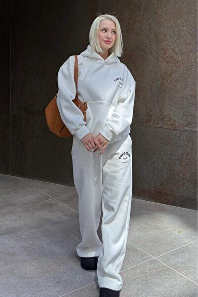 Madmext Ecru Hooded Printed Women's Tracksuit Set Mg2524