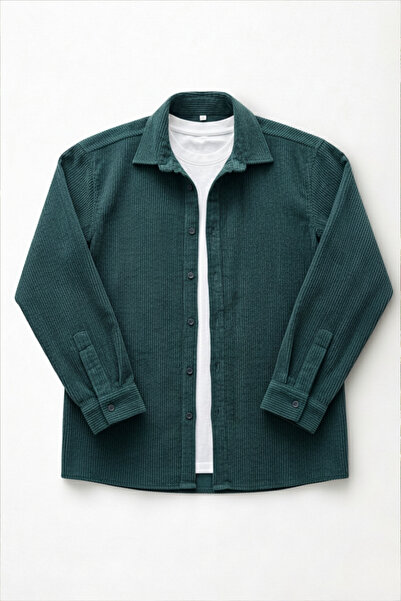 A&O Style Ανδρικό πουκάμισο με μακρυμάνικο βελούδο πράσινο βενζίνη oversized