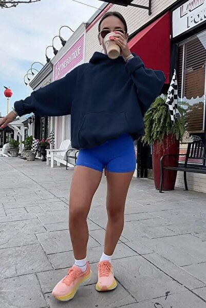 Madmext Navy Blue Hooded Oversized Sweatshirt with Pockets Mg2206