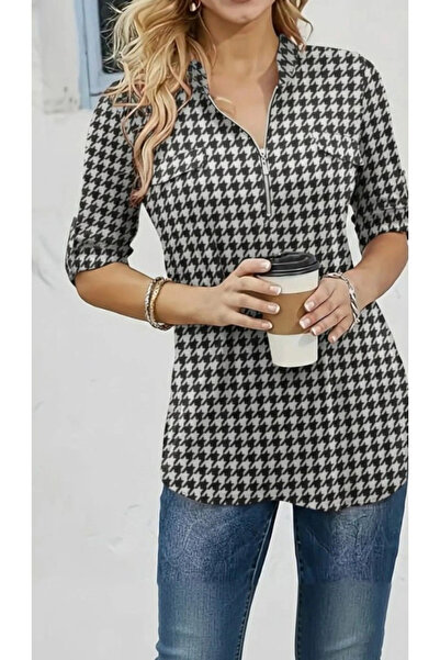 Silerra Women's Long Sleeve High Neck Zipper Geometric Pattern Single Jersey Blouse