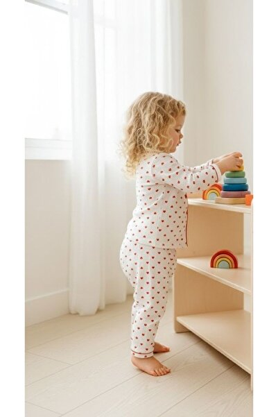 FURYATEX 100% Cotton Organic Double Layer Muslin Red Heart Patterned 2-Piece Pajama Set