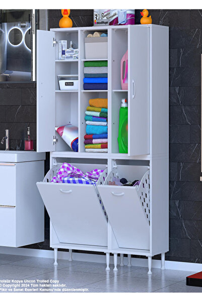 Modilayn Alaçatı Inci 90x160x32 Banyo Dolabı Çok Amaçlı Dolap Kirli Çamaşır Sepetli Dolap