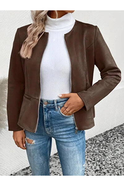 BEFAON Women's Long Sleeve Round Neck Front Zipper Suede Jacket