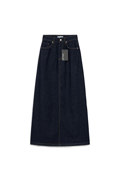 praye Long Bell Denim Skirt Navy Blue